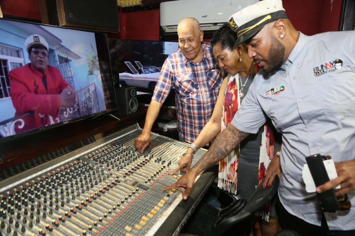 Edward ‘Striker’ Lee Jr (right) Annette Wong-Lee (widow of late producer Striker Lee) and King Jammy in the recording studio at the July 2024 soft launch of Bunny Lee Museum and Recording Studio at 17 Burns Avenue, Duhaney Park, St Andrew.