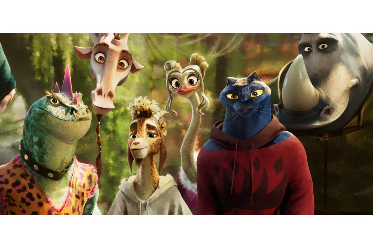 Characters (from left) Modo, voiced by Nick Kroll; Lenny, voiced by Stephen Curry; Will, voiced by Caleb McLaughlin; Olivia, voiced by Nicola Coughlan; Jett, voiced by Gabrielle Union; and Archie, voiced by David Harbour, in a scene from the animated film 