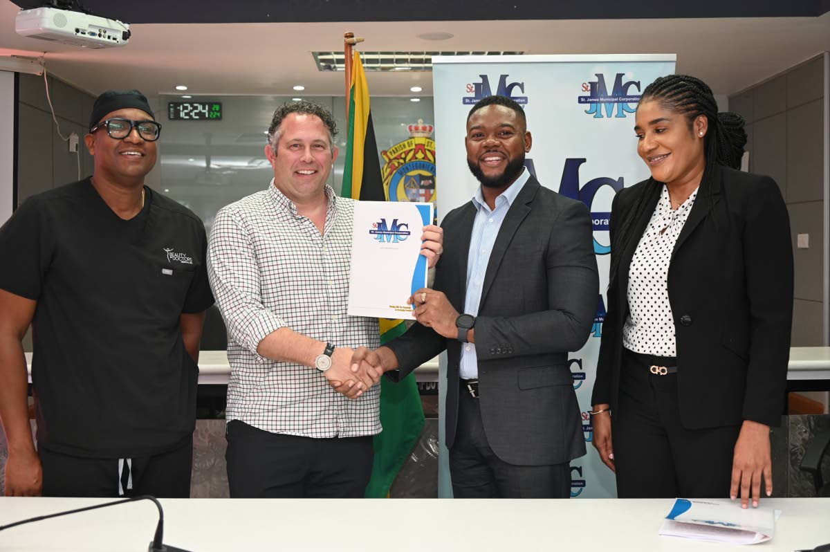 From left: Germaine Spencer, president of Montego Bay United, Yoni Epstein, Montego Bay Multi-Sports Development Ltd (MBMSDL) boss, Mayor Richard Vernon, chairman of St. James Municipal Corporation (StJMC); and Naudia Croskill, CEO StJMC during the officia