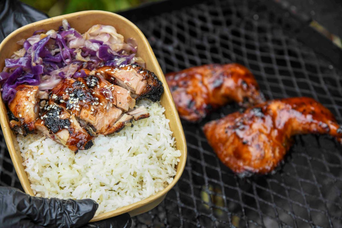 Eden Cay’s jerk teriyaki chicken, which Keaveny calls “the star of the show”, is a fusion of Asian-style teriyaki and Jamaican jerk, cooked on a makeshift grill and served with jasmine rice and a side of vegetables. 