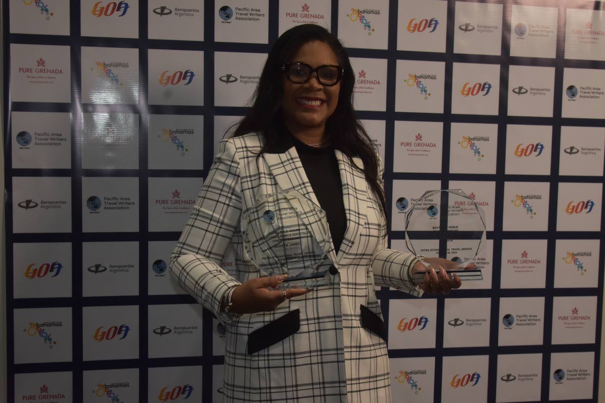 Executive Director of the Montego Bay Convention Centre, Mureen James, displays the two awards she and her team won at the PATWA International Travel Awards at ITB Berlin in Germany on March 4, 2026. 
