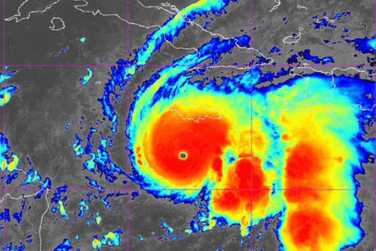 A satellite image shows the symmetrical eye of Category 5 Hurricane Melissa south of Jamaica in October 2025, revealing the storm’s explosive intensification. (NOAA Photo)