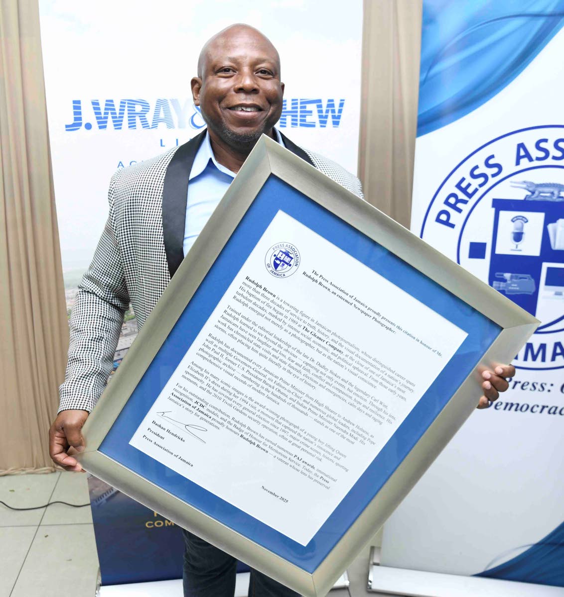 The Gleaner’s Rudolph Brown at the Press Association of Jamaica’s veterans luncheon held yesterday at J. Wray and Nephew’s offices in Kingston. 