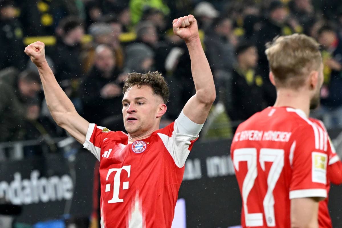 Bayern Munich’s Joshua Kimmich celebrates scoring during the Bundesliga match between Borussia Dortmund and FC Bayern Munich in Dortmund, Germany, on Saturday, February 28, 2026. 