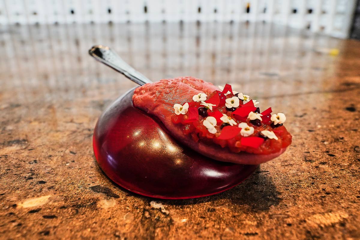 A dish named “Tongue Kiss” served at restaurant Alchemist in Copenhagen, Denmark.