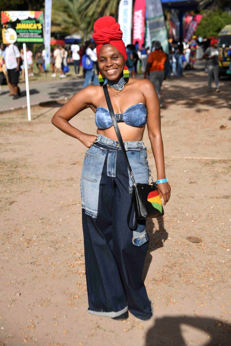 Stacia Davidson turns heads in head-to-toe local style, rocking her own denim choker with a matching denim top and pants from Tasha & Tianne Fashions.