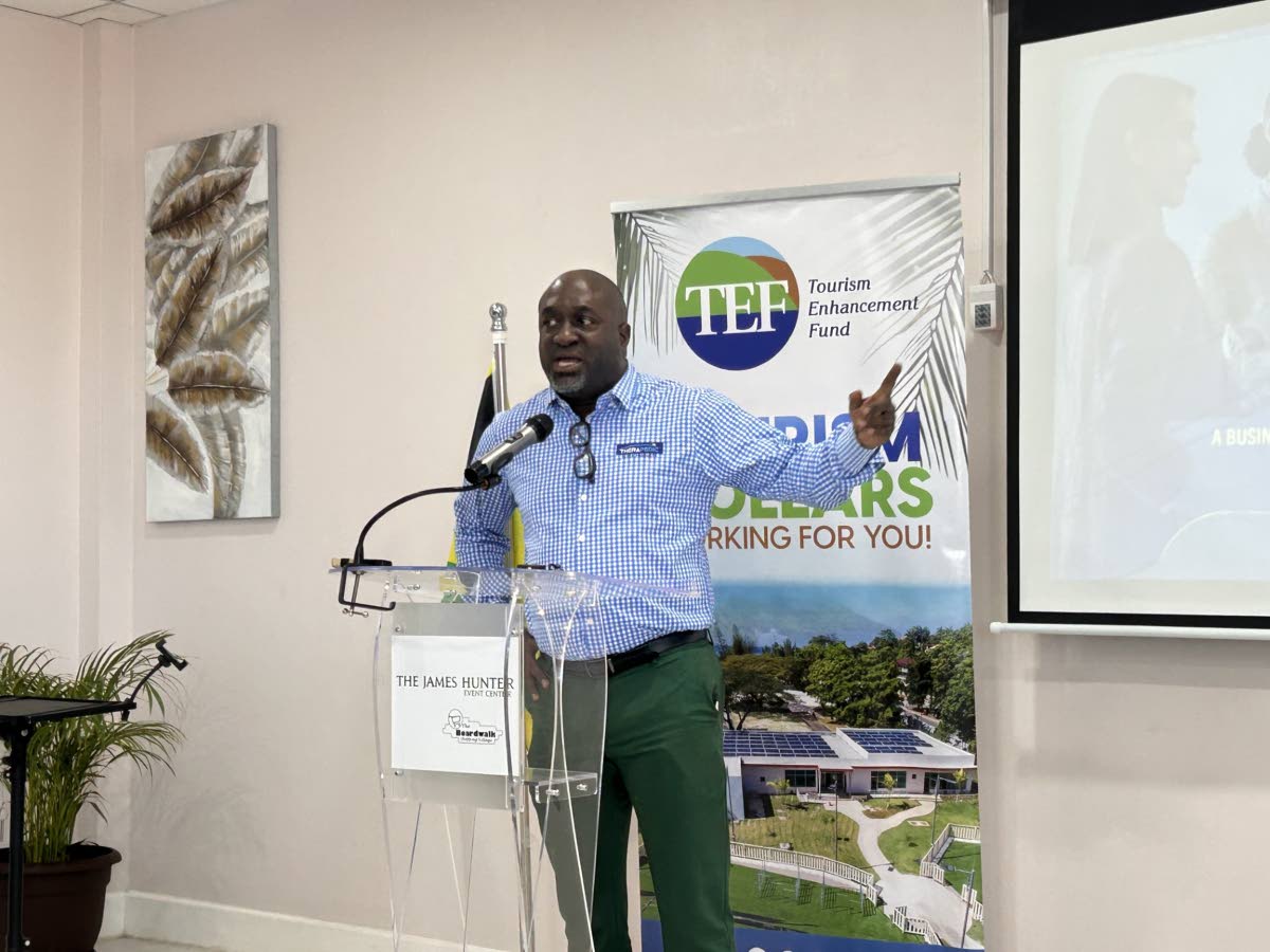 Aswad Morgan, marketing manager of Therapedic Caribbean/Morgans Group, shares his testimonial during the Tourism Linkages Network speed networking forum in Negril, Westmoreland, on Thursday.