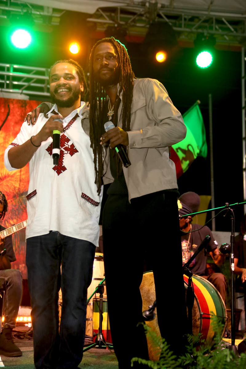  Jesse Royal (right) greets Yohan Marley on stage during the tribute concert for Joseph ‘Jo Mersa’ Marley.