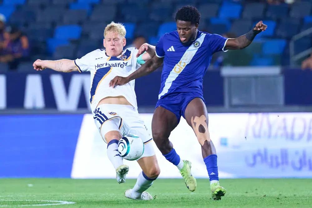 Mount Pleasant’s Alex Marshall (right) staves off the challenge of an LA Galaxy player during the first leg of their Concacaf Champions Cup round-of-16 game in Los Angeles last week.