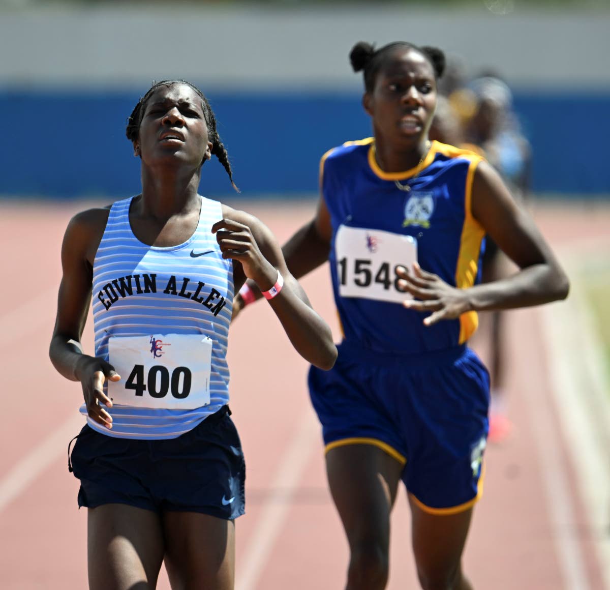 Sushana Johnson (left) of Edwin Allen  High wins a heat of the  Class One 800 metres at the 2026 Camperdown Classics, staged at Ashenheim Stadium, Jamaica College, on Saturday, February 14.