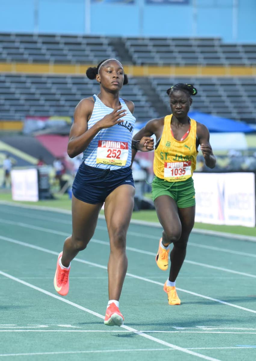 Alexxe Henry of Edwin Allen High wins her heat of the Girls’ Class One 100m in 11.94 seconds on March 24, 2026, to qualify for the semifinals at the ISSA/GraceKennedy Boys and Girls’ Athletics Championships. (Ian Allen photo)