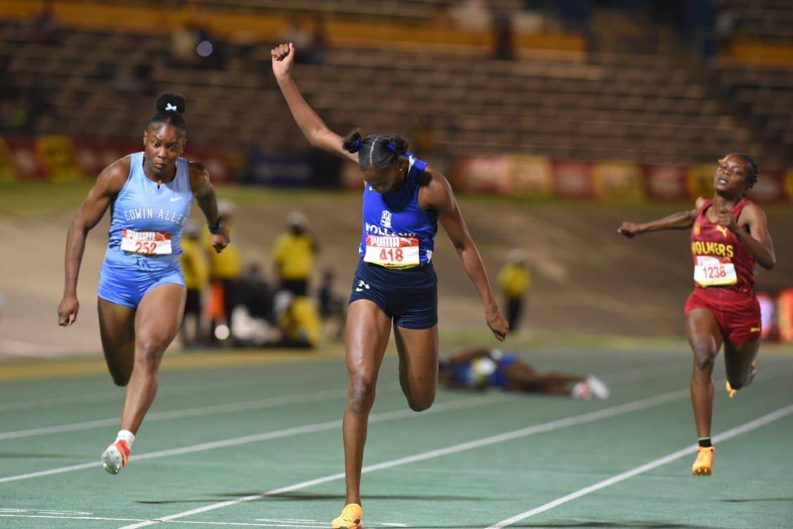 Shanoya Douglas powers to victory in the girls' Class One 100m final at the 2026 ISSA/GraceKennedy Boys and Girls’ Championships, clocking a personal best 10.98 seconds, on March 25. (Ian Allen photo)