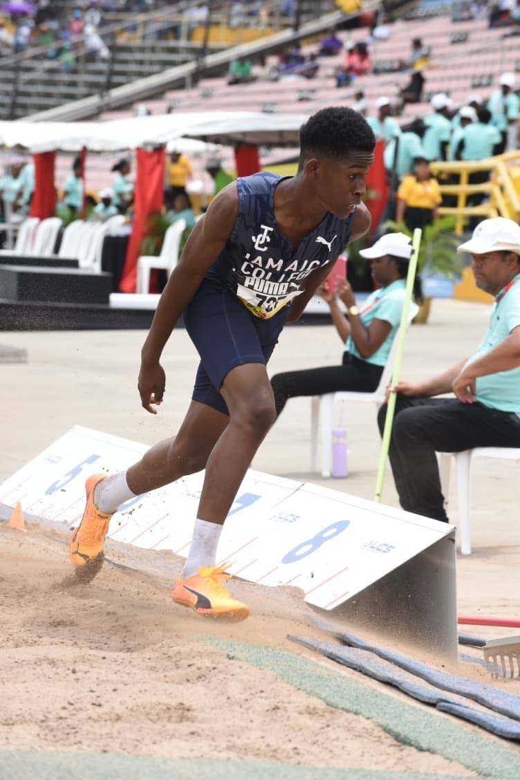 Nathan-Neil Heirs of Jamaica College won gold in the boys Class Three long jump at Champs 2026 
