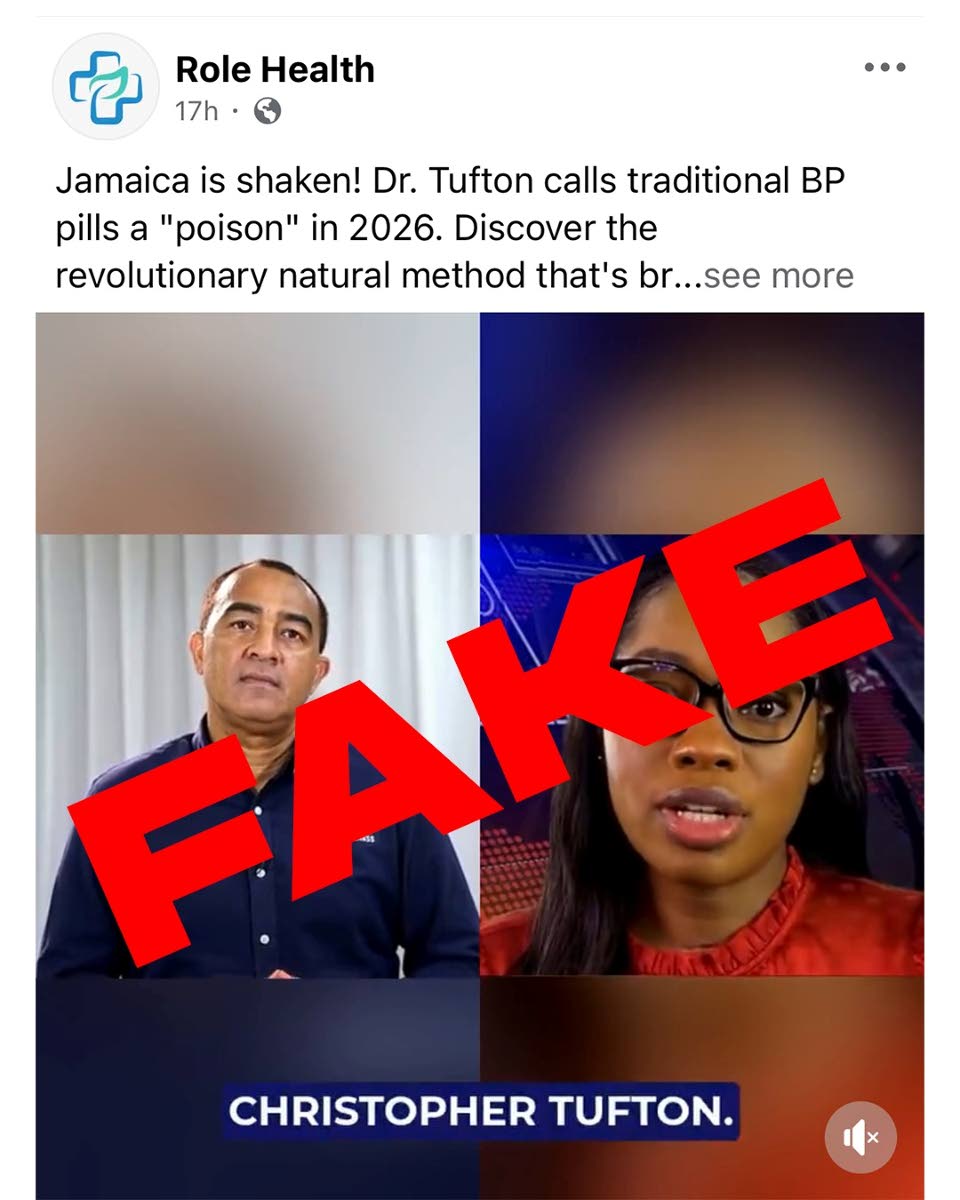 Screenshot from a viral social media video falsely showing the image and voice of the Ministry of Health and Wellness promoting a blood pressure pill. The ministry has warned that the content is fake and AI-generated.