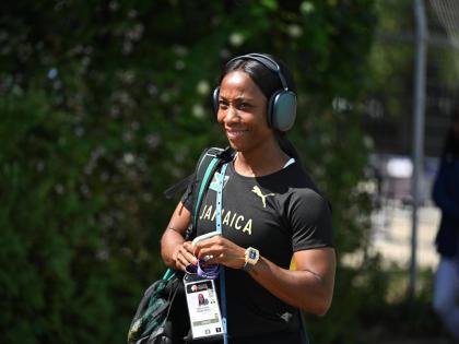Shelly-Ann Fraser-Pryce arrives for training at the Athletic Stadium at the Oi Central Seaside Park Sports Forest in Tokyo, Japan, on Thursday.