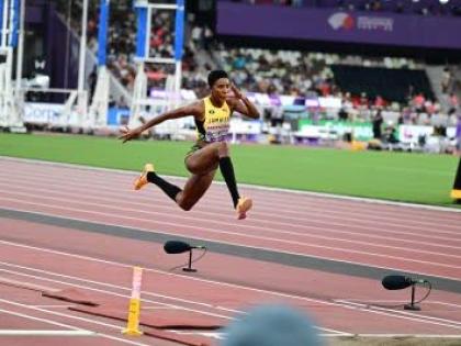 Shanieka Ricketts in action during the qualification round of the women's triple jump at the World Athletics Championships inside the Japan National Stadium earlier today. 