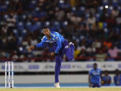 St Lucia Kings Khary Pierre bowling on his way to figures of 3-24 during a Caribbean Premier League game against Barbuda Falcons at the Daren Sammy National Stadium last year. 