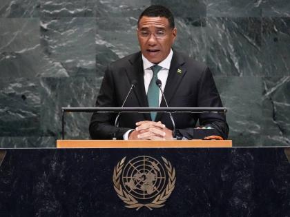 
Jamaica Prime Minister Andrew Holness addresses the 80th session of the United Nations General Assembly in New York, on September 26.
