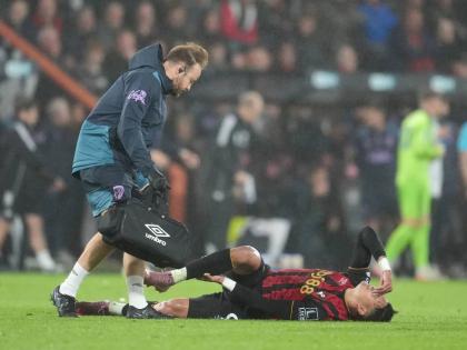 Bournemouth’s Evanilson goes down injured during the English Premier League match between Bournemouth and Fulham at the Vitality Stadium in Bournemouth, England, yesterday.