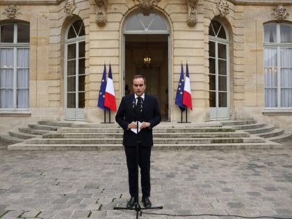French outgoing Prime Minister Sebastien Lecornu, who resigned just a day after naming his government, delivers his statement at the Hotel Matignon in Paris, Monday, October 6, 2025. (Stephane Mahe/Pool via AP)