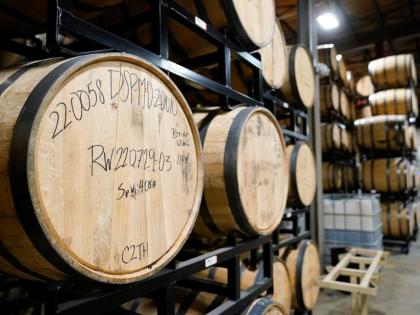 Barrels of spirits are seen at the Baltimore Spirits Company distillery on February 8, 2023 in Baltimore.