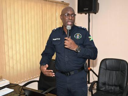 Commanding Officer for the St Elizabeth Police Division, Superintendent Coleridge Minto, addressing the recent monthly meeting of the St Elizabeth Municipal Corporation in Black River.