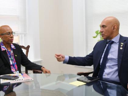Jamaica’s Ambassador to the United States Major General (ret’d) Antony Anderson right engages Minister of Finance and the Public Service Fayval Williams in discussion during  a courtesy call on ambassador Anderson on Monday. 