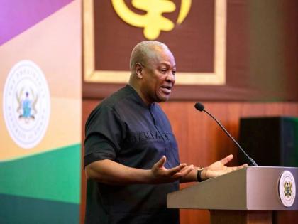 Ghana’s President John Mahama speaks to the media at the Jubilee House in Accra, Ghana, September 10, 2025. 