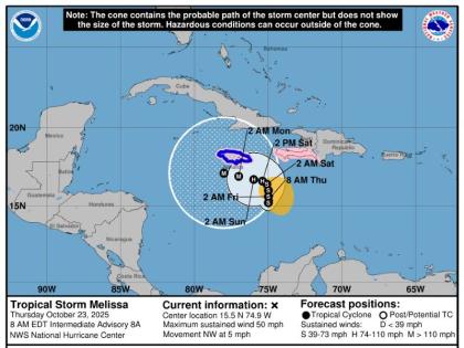 Tropical Storm Melissa's projected path.