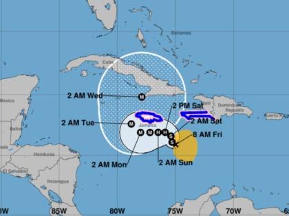 This NOAA graphic shows the projected path of Tropical Storm Melissa in the Central Caribbean Sea. 