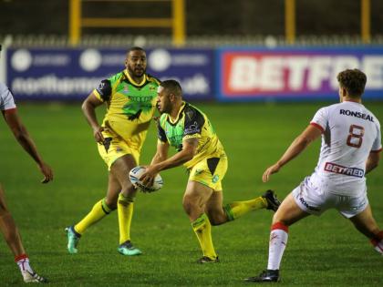Jamaica’s Reggae Warriors (in gold) in action against England Knights in a rugby league international friendly match at Castleford in Yorkshire, England, on Friday, October 15, 2021.