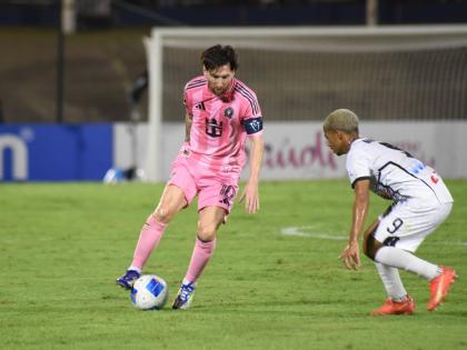 Inter Miami’s Lionel Messi tries to go around Cavalier’s Kaile Auvray during their Concacaf Champions Cup round-of-16 second-leg match at the National Stadium on March 13, 2025.
