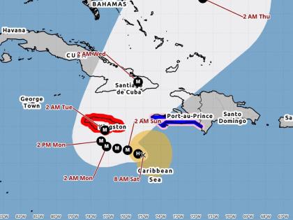  The cone from the United States' National Hurricane Center contains the probable path of the centre of Tropical Storm Melissa at 7 a.m. on October 25, 2025. It  does not show
the size of the storm. Hazardous conditions can occur outside of the cone.