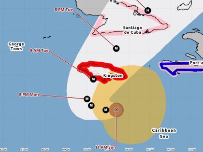 The cone from the National Hurricane Centre contains the probable path of Hurricane Melissa's centre at 10 a.m. on October 26, 2025. It does not show
the size of the storm. Hazardous conditions can occur outside of the cone.