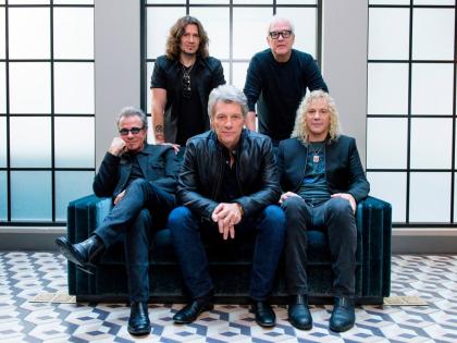 Members of Bon Jovi front row (from left), Tico Torres, Jon Bon Jovi, David Bryan, back row (from left), Phil X, and Hugh McDonald pose for a portrait in New York on October 19, 2016. 