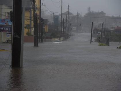 Flooding along a section of Caledonia Avenue in Mandeville, Manchester, in the vicinity of the Mandeville Regional Hospital, during the passage of Hurricane Melissa on October 28, 2025.