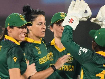 South Africa women celebrate an English wicket during their ICC Women’s Cricket World Cup during their semi-final at the ACA Stadium in Guwahati yesterday.