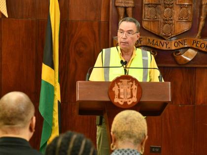 Energy, Transport and Telecommunications Minister, Daryl Vaz, addressing a special press conference on Hurricane Melissa recovery activities at the Office of the Prime Minister in St Andrew on October 30.