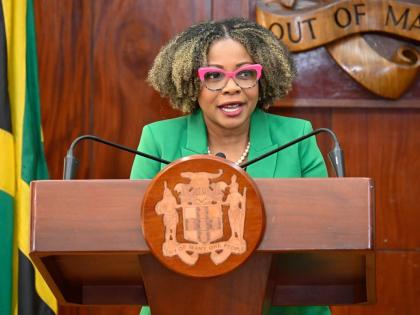 Minister of Education, Skills, Youth, and Information, Senator Dr Dana Morris Dixon, addressing a press briefing at Jamaica House on November 13, 2025. 