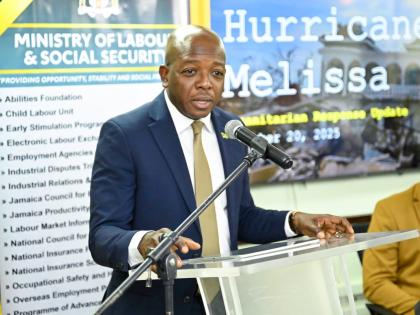 Minister of Labour and Social Security, Pearnel Charles Jr., addressing a press conference on disaster response Post-Hurricane Melissa held on November 20 at the Ministry's offices in downtown Kingston. 