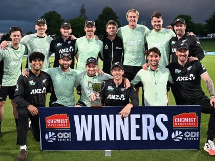 
New Zealand celebrate the 3-0 One-Day International series win they enjoyed over the West Indies, completed by a four-wicket victory at Seddon Park in New Zealand yesterday.