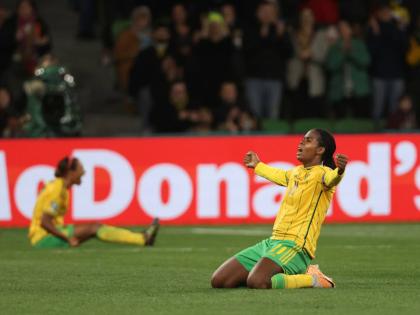 Jamaica’s Khadija Shaw celebrates qualification to the round of 16 at the Women’s World Cup after a Group F game against Brazil in Melbourne, Australia, on August 2, 2023.