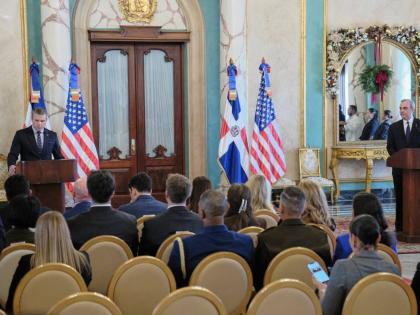 US Secretary of Defense Pete Hegseth, left, and Dominican Republic President Luis Abinader speak during a press conference at the National Palace in Santo Domingo, Dominican Republic, Wednesday, November 26, 2025. (AP Photo/Ricardo Hernadez)