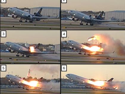 This combination photo provided by the National Transportation Safety Board (NTSB) via UPS shows a sequence of framegrabs made from video where an engine is seen detaching from the plane's left wing upon takeoff at the Louisville International Airport in L