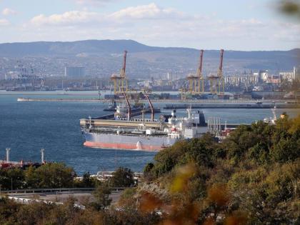 An oil tanker is moored at the Sheskharis oil and petroleum complex on the Black Sea port of Novorossiysk, Russia.