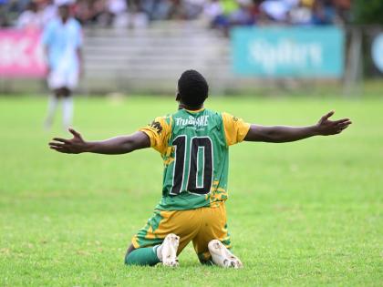 Damarley Williams of Excelsior High School celebrates scoring against St Georges College in an ISSA/WATA Manning Cup game at Winchester Park on October 11.