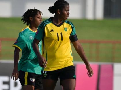 Reggae Girlz captain, Khadija Shaw, reacts during her team’s Group B Concacaf W Qualifier against Dominica at the Daren Sammy Cricket Ground in St Lucia on Saturday. The Reggae Girlz won 18-0.