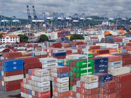 Ship containers are stacked at the Panama Canal Balboa port, operated by the Panama Ports Company, in Panama City, September 20, 2025.