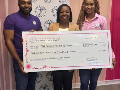 Rohan Service (left), president of the Optimist Club of North St Andrew, and Sidoney Gordon (right) of The Giving Circle, joined Roshane Reid-Koomson (centre), executive director of the Jamaica Cancer Society, for a photo during a recent donation handover 