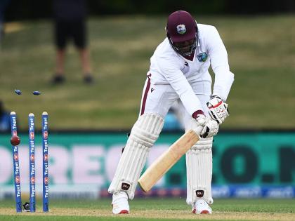 West Indies batter Ojay Shields is bowled by New Zealand’s Jacob Duffy during the second day of their Test match in Christchurch, New Zealand, on Tuesday.